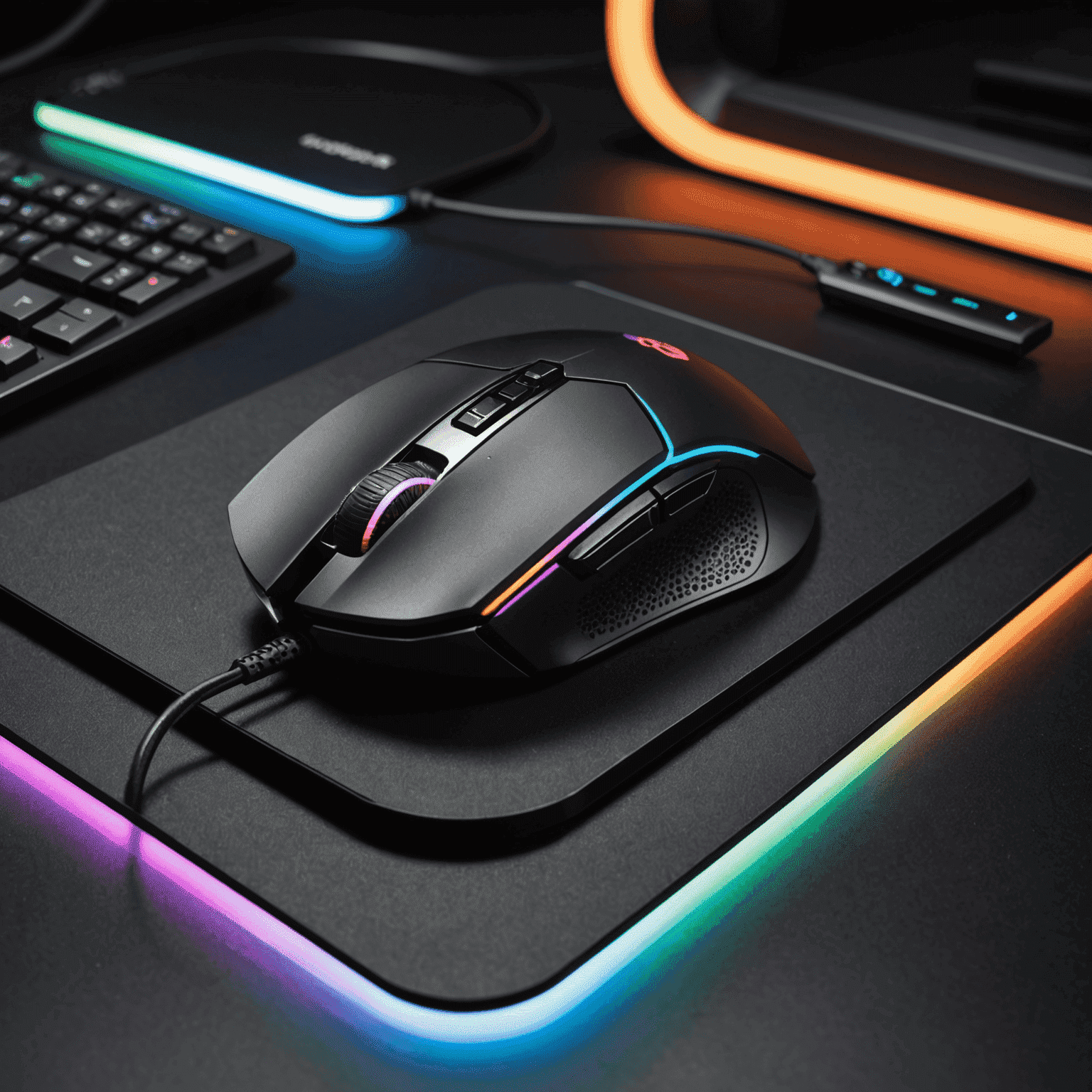 A high-end gaming mouse with customizable RGB lighting and multiple programmable buttons, sitting on a sleek gaming mousepad