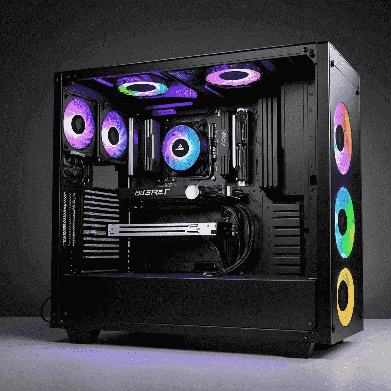 A high-end gaming PC with a sleek black case, powerful graphics card, and RGB lighting