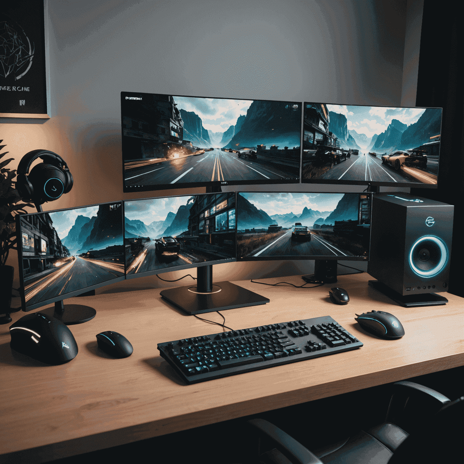 A high-end gaming PC setup with multiple monitors, a gaming keyboard, and a gaming mouse on a desk