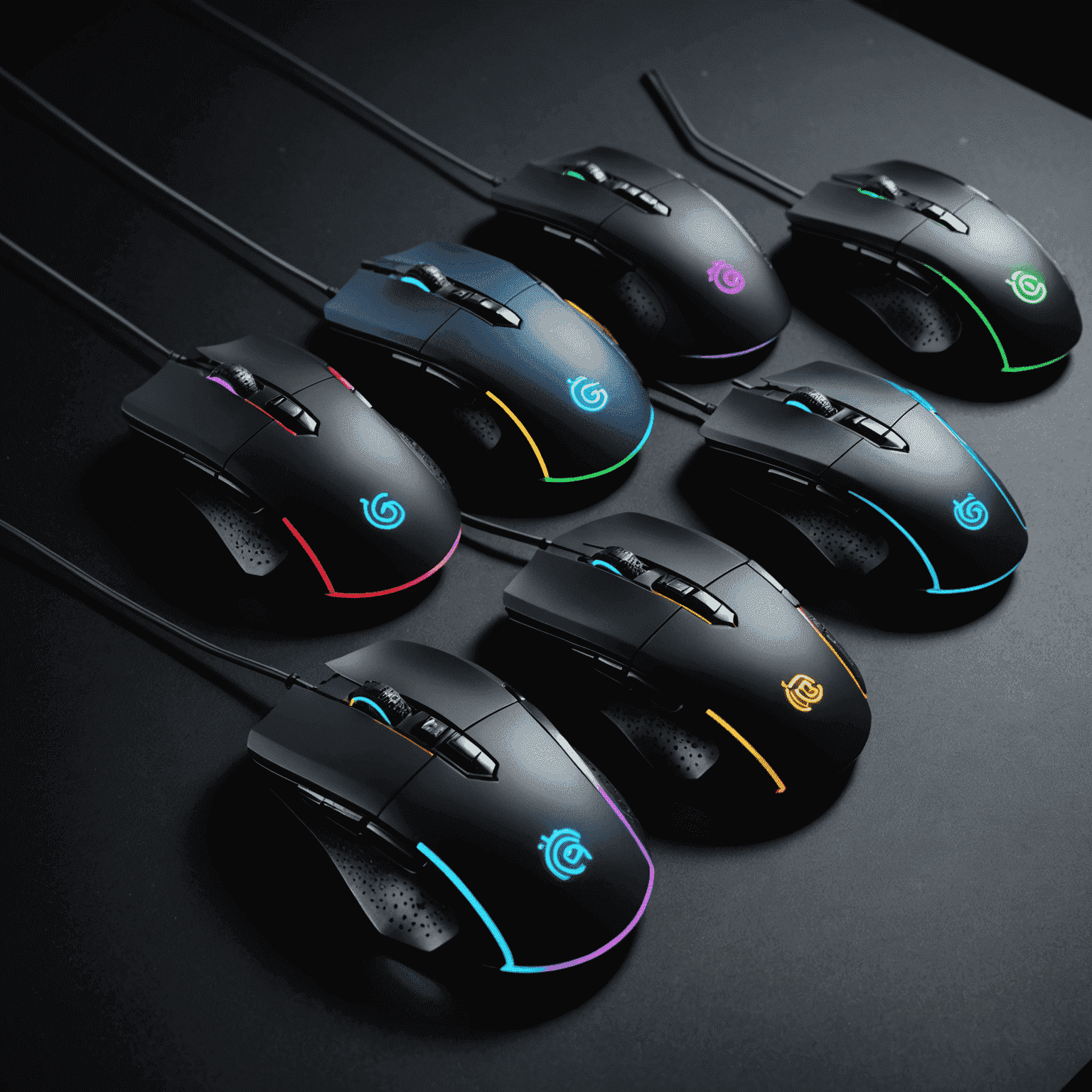 A selection of high-performance gaming mice from various brands, displayed on a sleek, dark surface with RGB lighting accents.