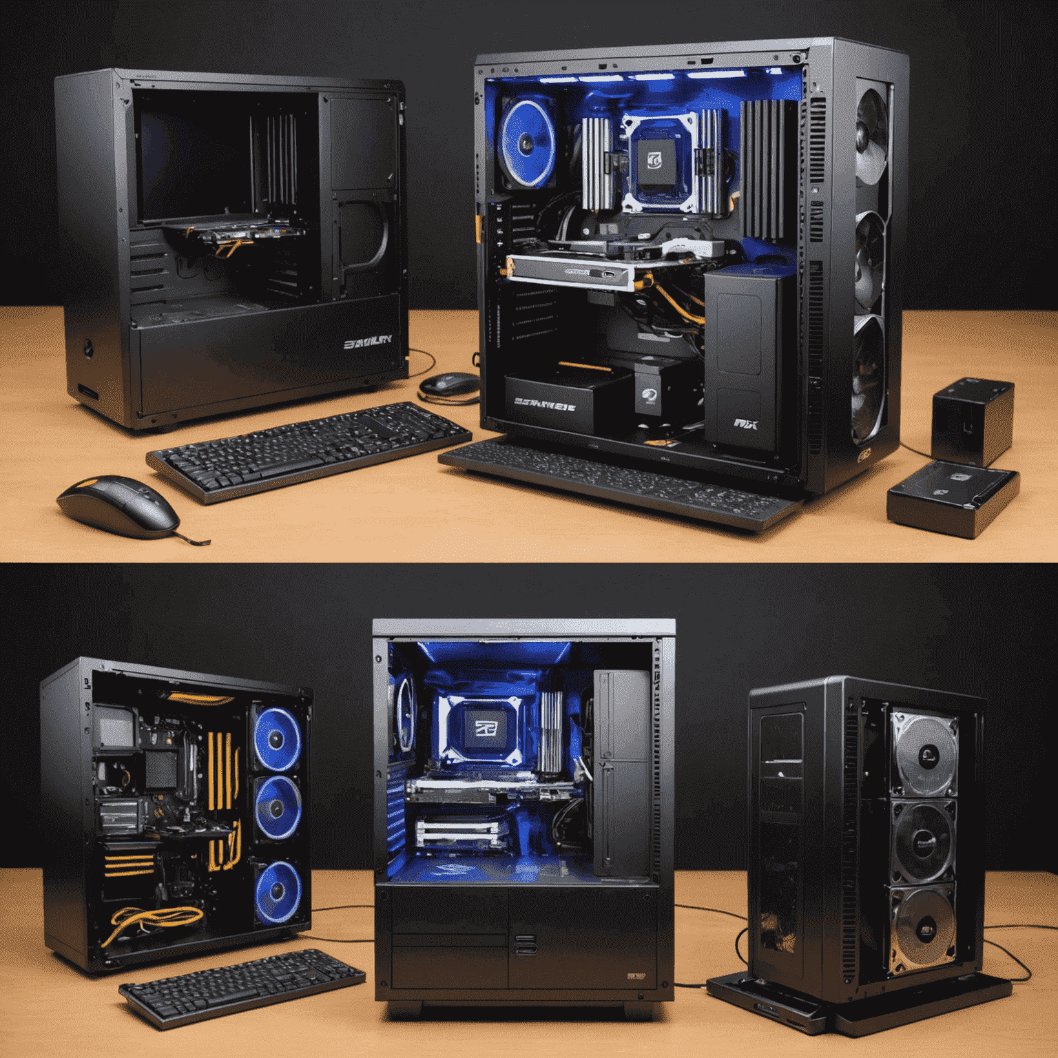 A step-by-step visual guide showing the process of assembling a gaming PC, with close-up shots of key components and tools.