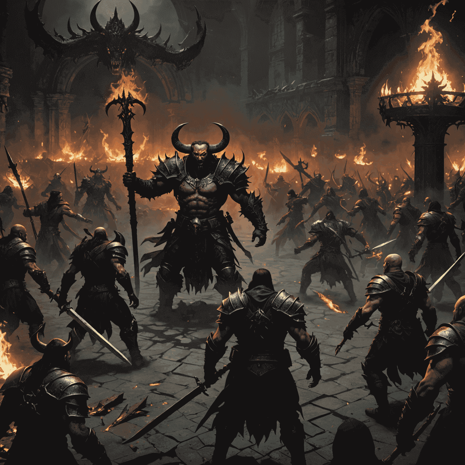 A screenshot from the action RPG Diablo IV, featuring a lone hero battling hordes of demonic enemies in a dark, gothic environment with detailed textures and lighting effects.