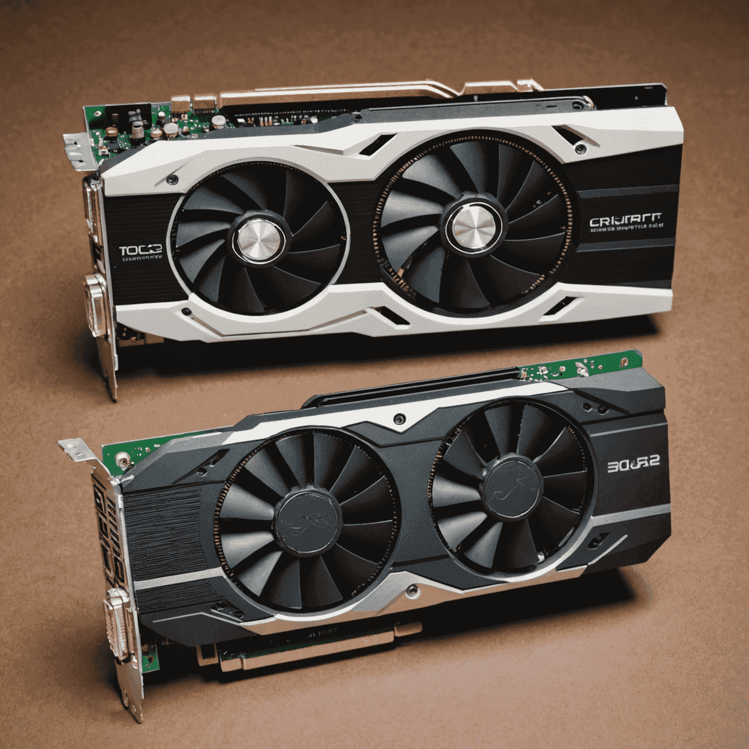 A side-by-side comparison of an older graphics card and a newer, more powerful graphics card