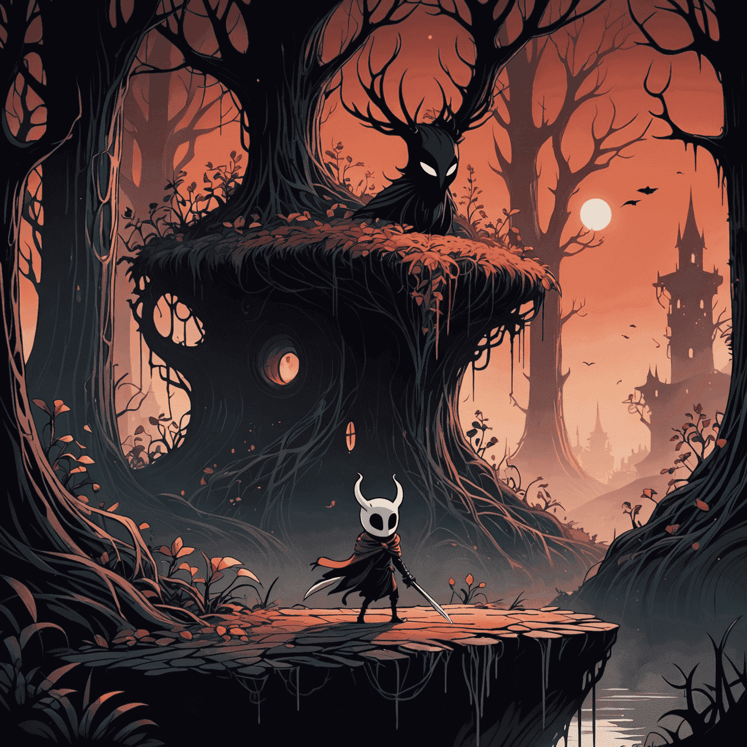 A screenshot from the 2D platformer Hollow Knight: Silksong, showing the protagonist Hornet gracefully navigating a beautifully hand-drawn environment filled with intricate details and eerie atmosphere.