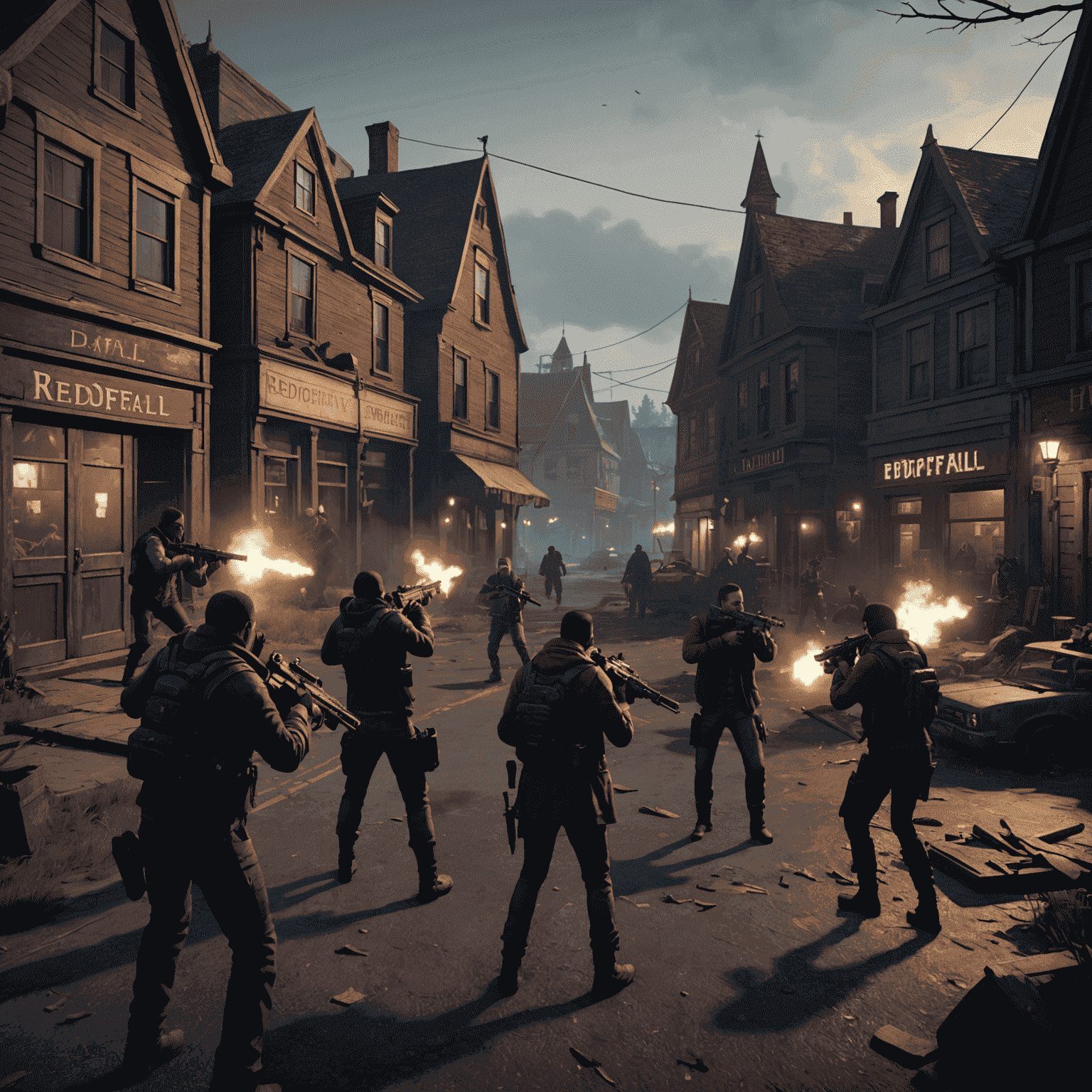 A screenshot from the cooperative shooter Redfall, showing a group of players using unique weapons and abilities to battle against hordes of vampiric enemies in a detailed, eerie New England town setting.