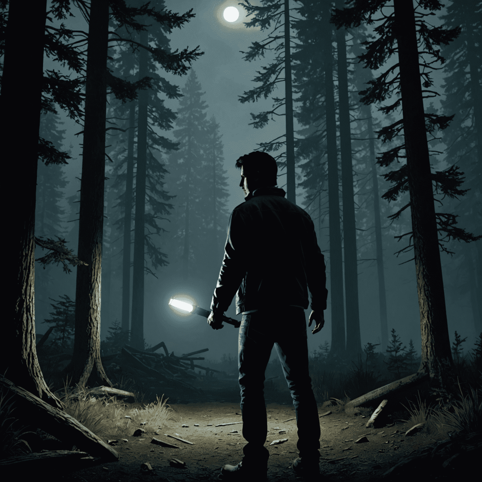 A screenshot from the psychological horror game Alan Wake 2, depicting the titular character exploring a dark, atmospheric forest with a flashlight, with ominous supernatural elements visible in the background.