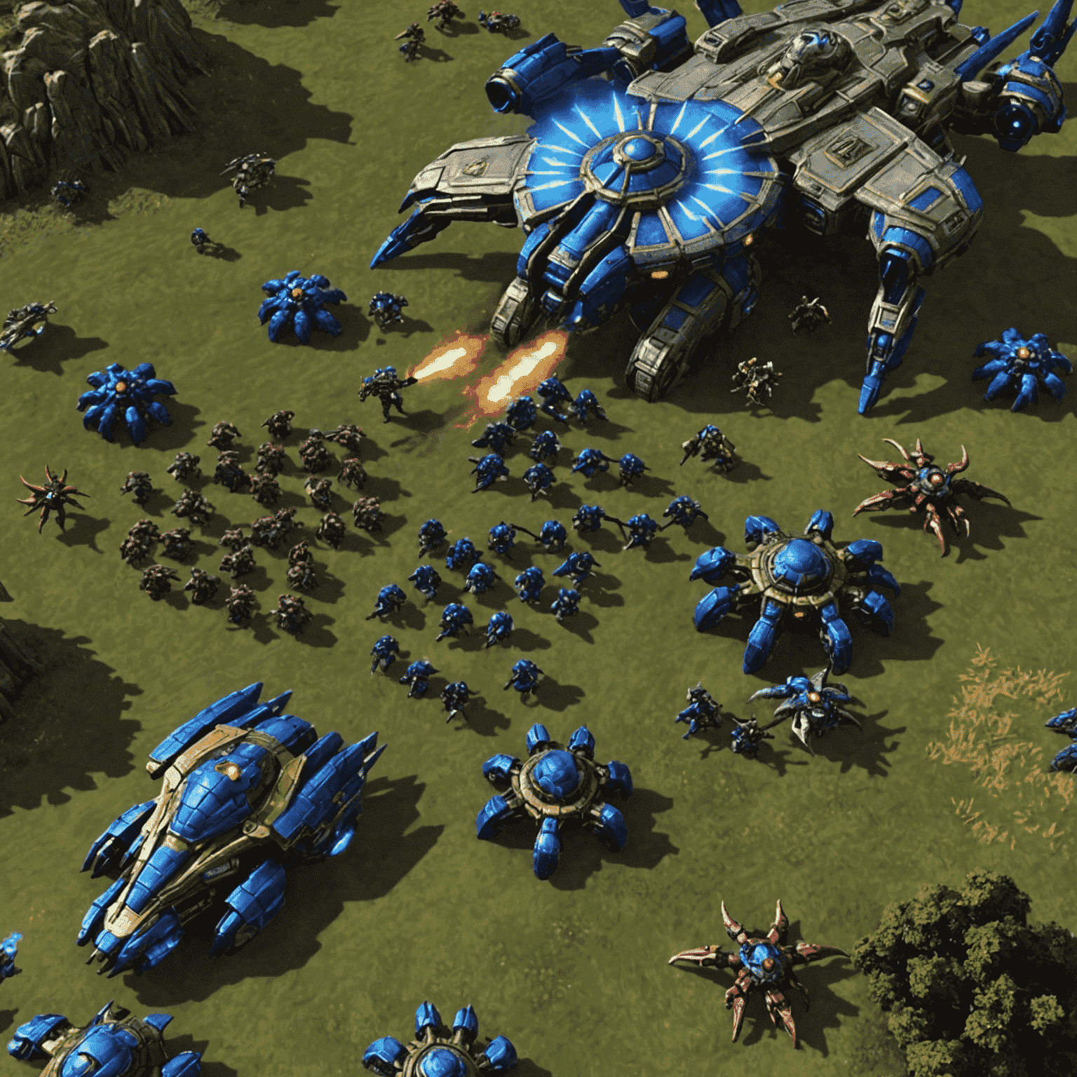 A screenshot from the anticipated RTS game Starcraft 3, showing a large-scale battle between Terran, Zerg, and Protoss forces on a detailed alien world, with advanced units and visual effects.